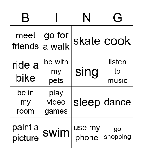 free time vocabulary Bingo Card