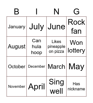 Months of the year Bingo Card