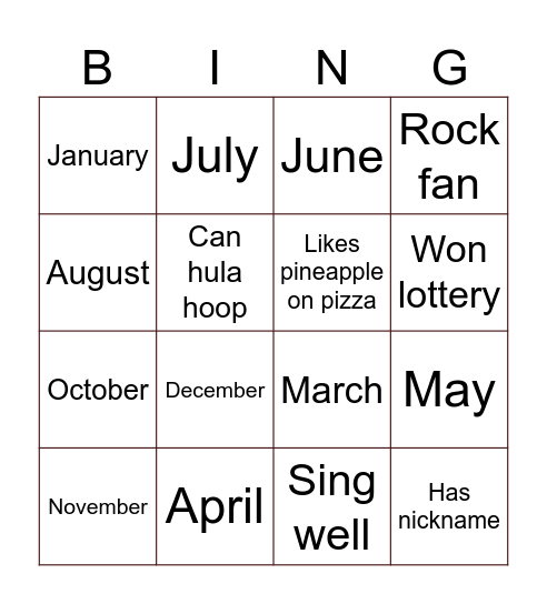 Months of the year Bingo Card