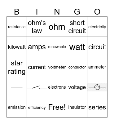 Electricity - Yr 9 Bingo Card