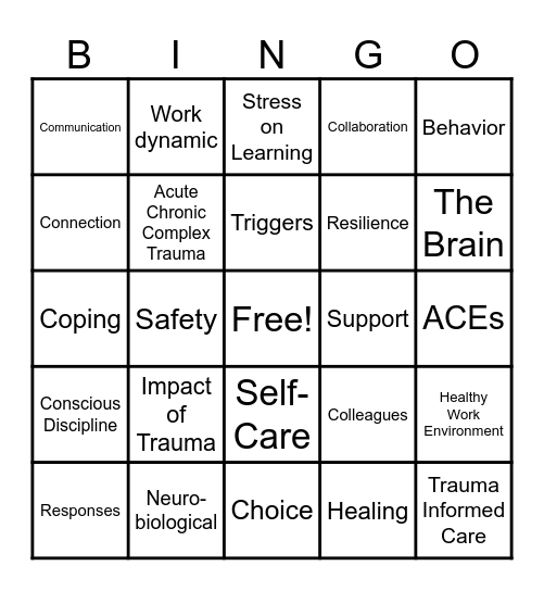 Trauma 101 Workshop Bingo Card