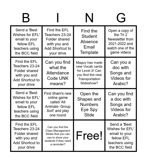 EFL GOOGLE DRIVE Bingo Card