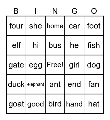 English Bingo Card