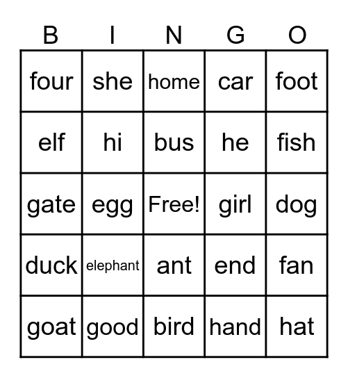 English Bingo Card