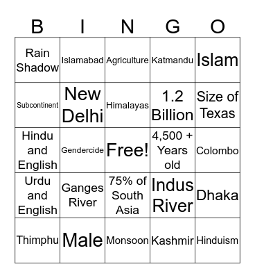 South Asia Bingo Card