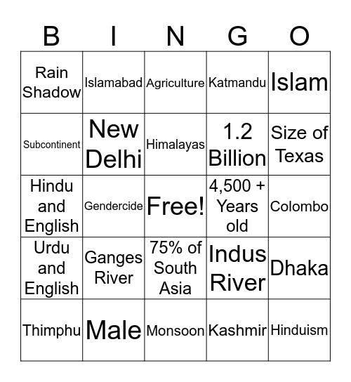 South Asia Bingo Card