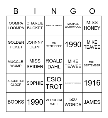 Roald Dahl Bingo Card