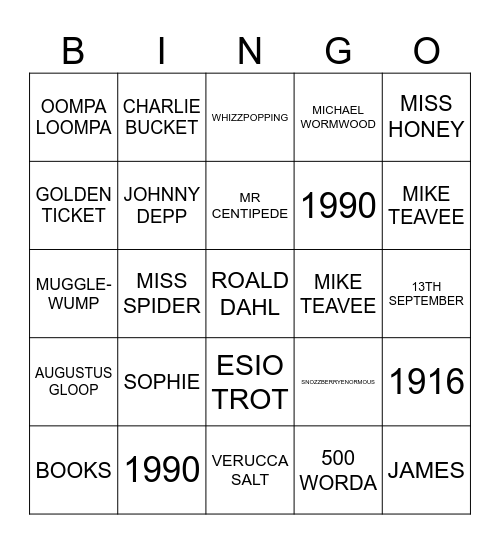 Roald Dahl Bingo Card