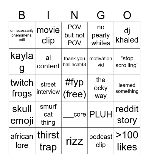 SUPSAM'S TIKTOK BINGO Card