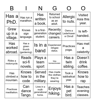 Get to know you Bingo Card