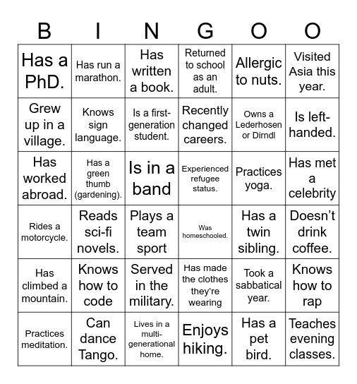 Get to know you Bingo Card