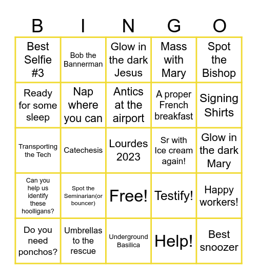 Lourdes 2023 Bingo Card