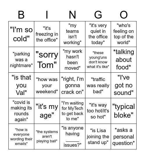 Stand up Bingo Card