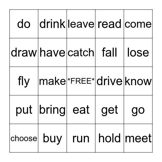 Irregular verbs bingo Card