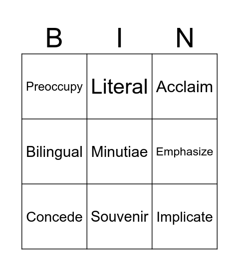 Vocab List 1 Bingo Card