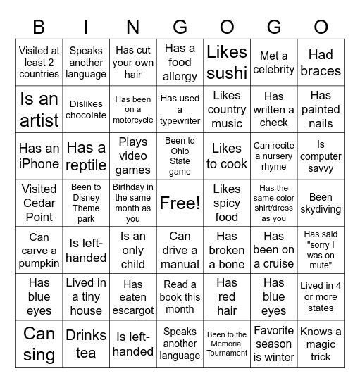 Icebreaker Bingo Card