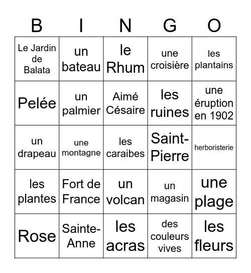 la Martinique Bingo Card