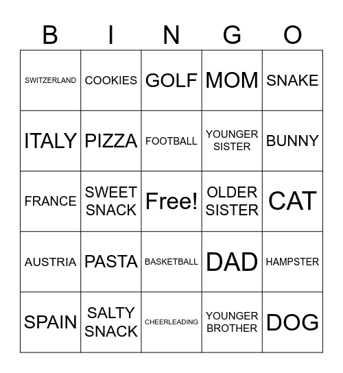 Bingo in English! Bingo Card