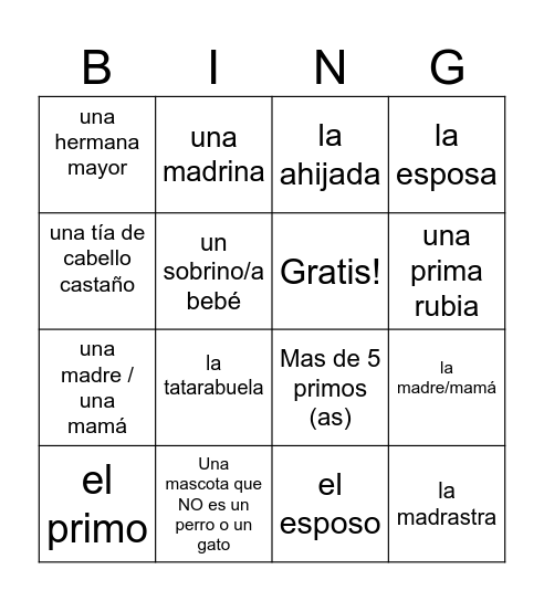 Los miembros de la Familia Bingo Card