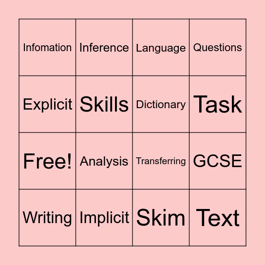 GCSE English Language - Reading AO1 Bingo Card