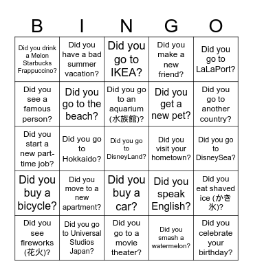 Summer Vacation Bingo Card