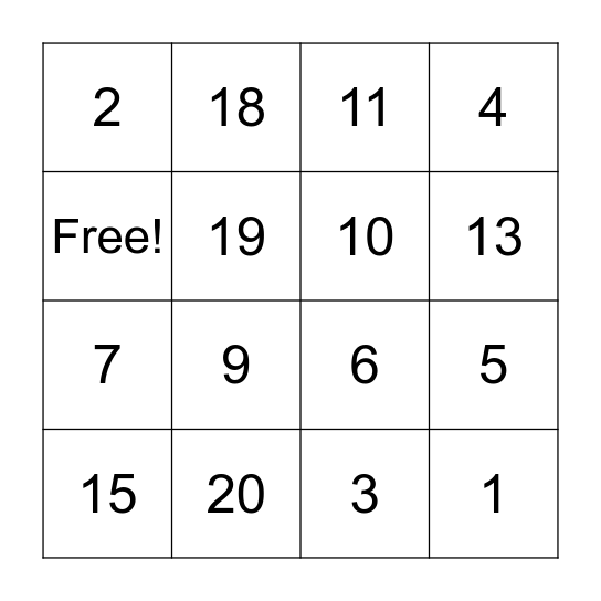Numbers Bingo Card