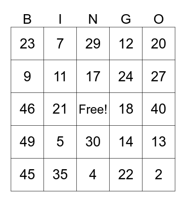 Los numeros Bingo Card