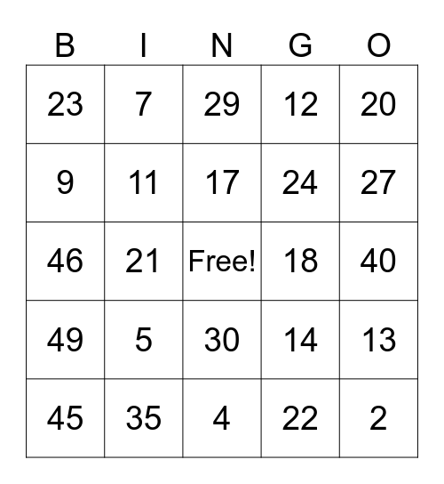 Los numeros Bingo Card