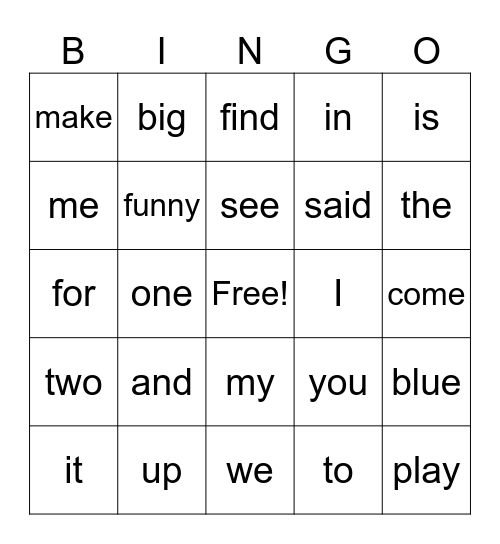 Sight Word Bingo Card
