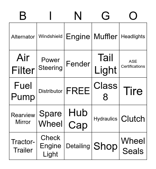 Diesel Mechanic Bingo Card