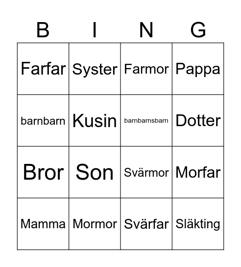 Familj Bingo Card