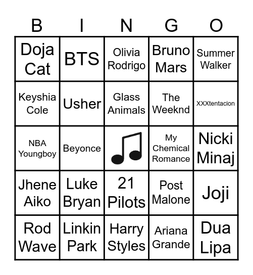 MUSICAL ARTIST BINGO Card