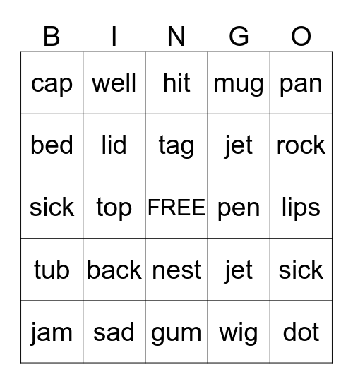 Short Vowels Bingo Card