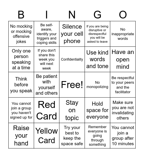 Kadimah Rules Bingo Card