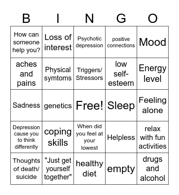 Depression Bingo Card