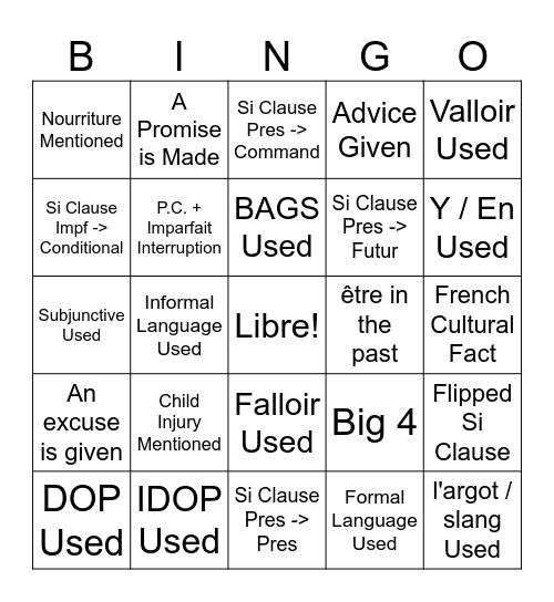 Conditonal Practice Bingo Card