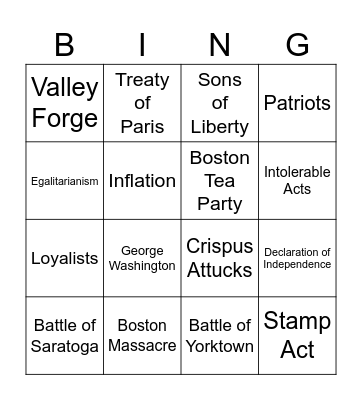 American Revolution Quiz Bingo Card