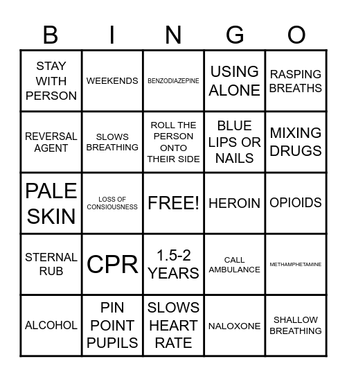 Overdose/Naloxone  Bingo Card