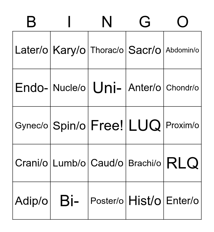 Med Term Body Organization BINGO Card