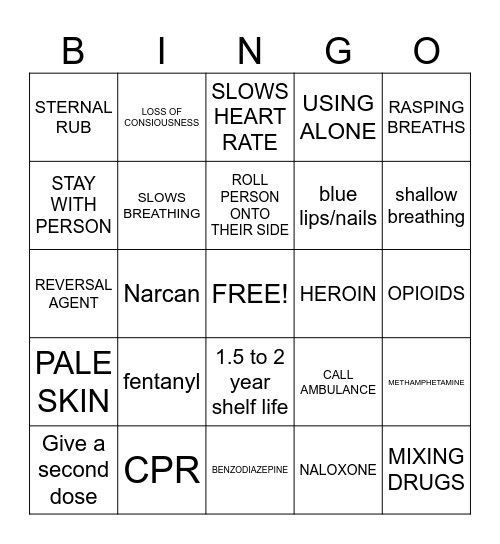 Overdose/Naloxone  Bingo Card