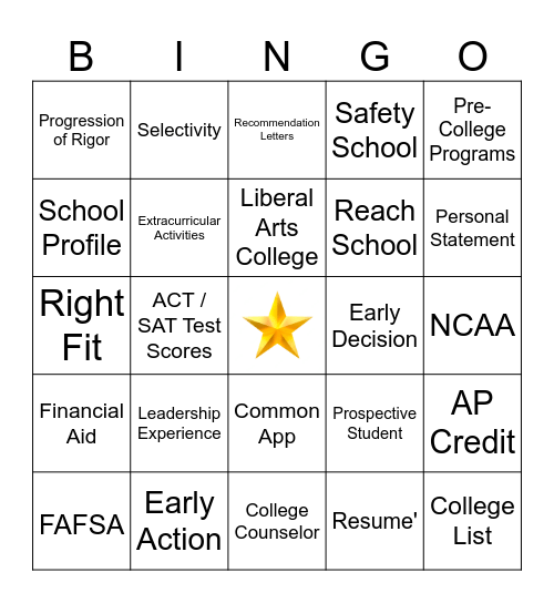 College Planning Bingo Card