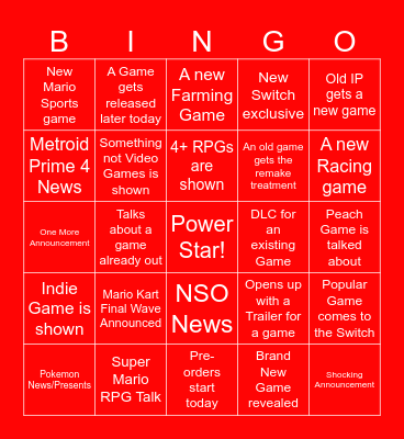 Nintendo Direct 9/14 Bingo Card