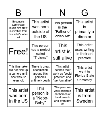 Artist Research Bingo - Film IV Bingo Card
