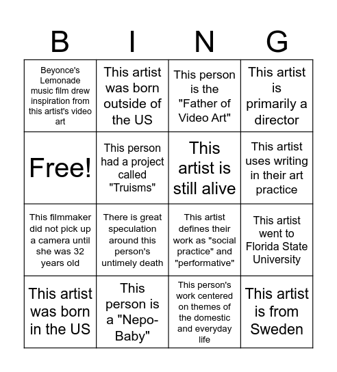 Artist Research Bingo - Film IV Bingo Card
