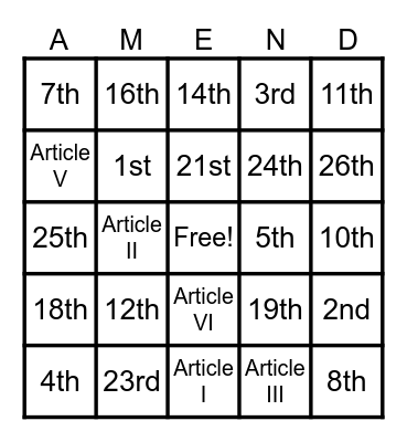 National Constitution Day Bingo Card