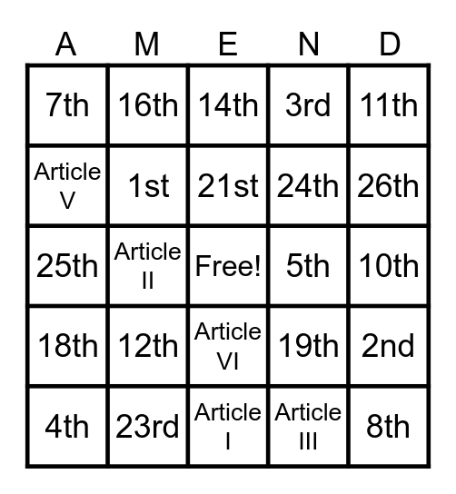 National Constitution Day Bingo Card