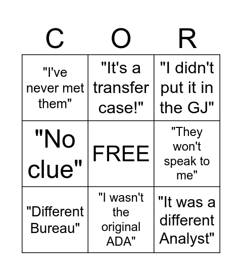 Transfer Case Bingo Card