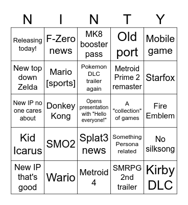 Nintendo Direct sept 2023 Bingo Card