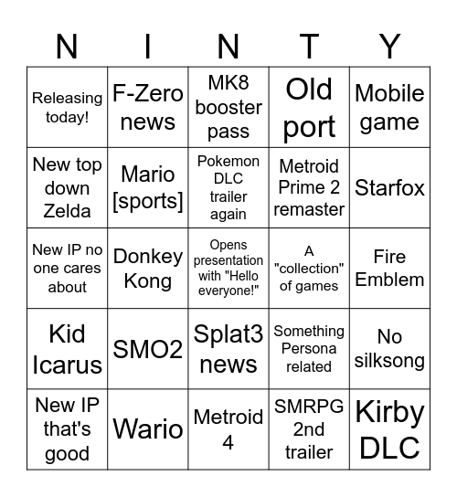 Nintendo Direct sept 2023 Bingo Card