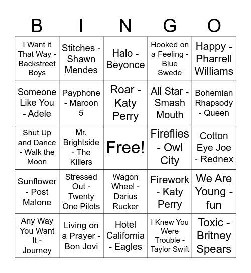 Musical Bingo Card